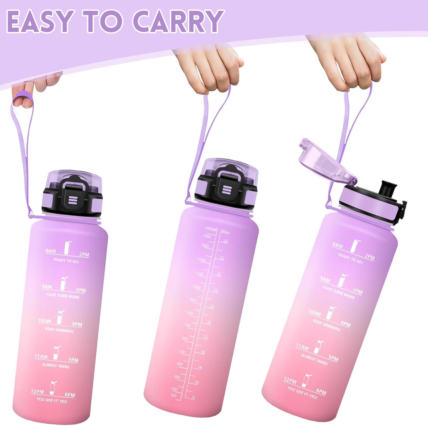 image:imageMotswedi Gourde 1l Rutilisable Gourde Sport AntiFuite Bouteille deau avec Marqueur de Temps Bouteille Sans BPA pour Fitness Sport Yoga Randonne AmbreampampOrangeViolet Clairrose1500ml