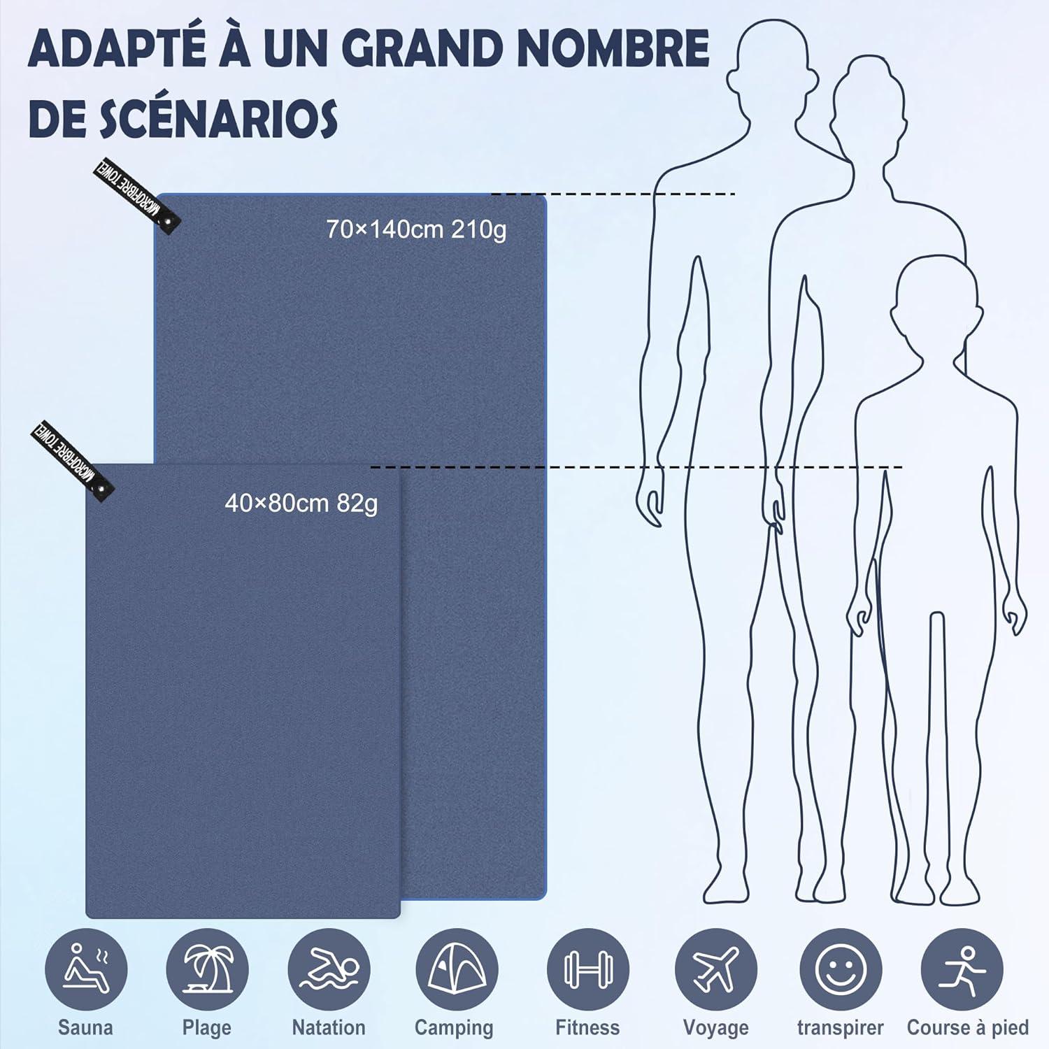 image:imageServiette de Bain en Microfibre Absorption Rapide de la Transpiration et de lEau Pour Sport Voyage Natation 40 x 80 cm Bleu CielBleu Marine
