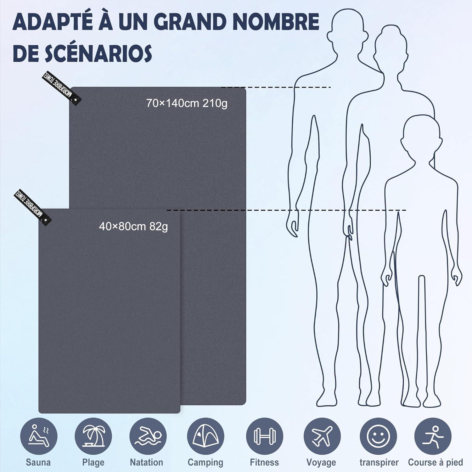 image:imageServiette de Bain en Microfibre Absorption Rapide de la Transpiration et de lEau Pour Sport Voyage Natation 40 x 80 cm Bleu CielGris Fonc