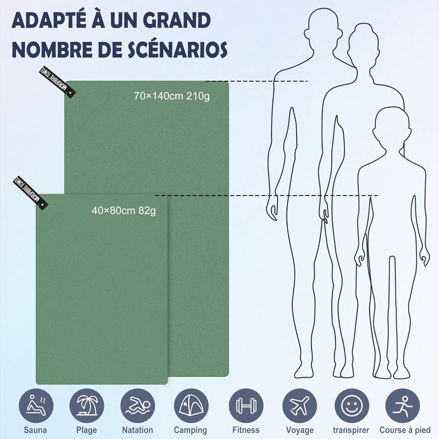 image:imageServiette de Bain en Microfibre Absorption Rapide de la Transpiration et de lEau Pour Sport Voyage Natation 40 x 80 cm Bleu CielVert Arme
