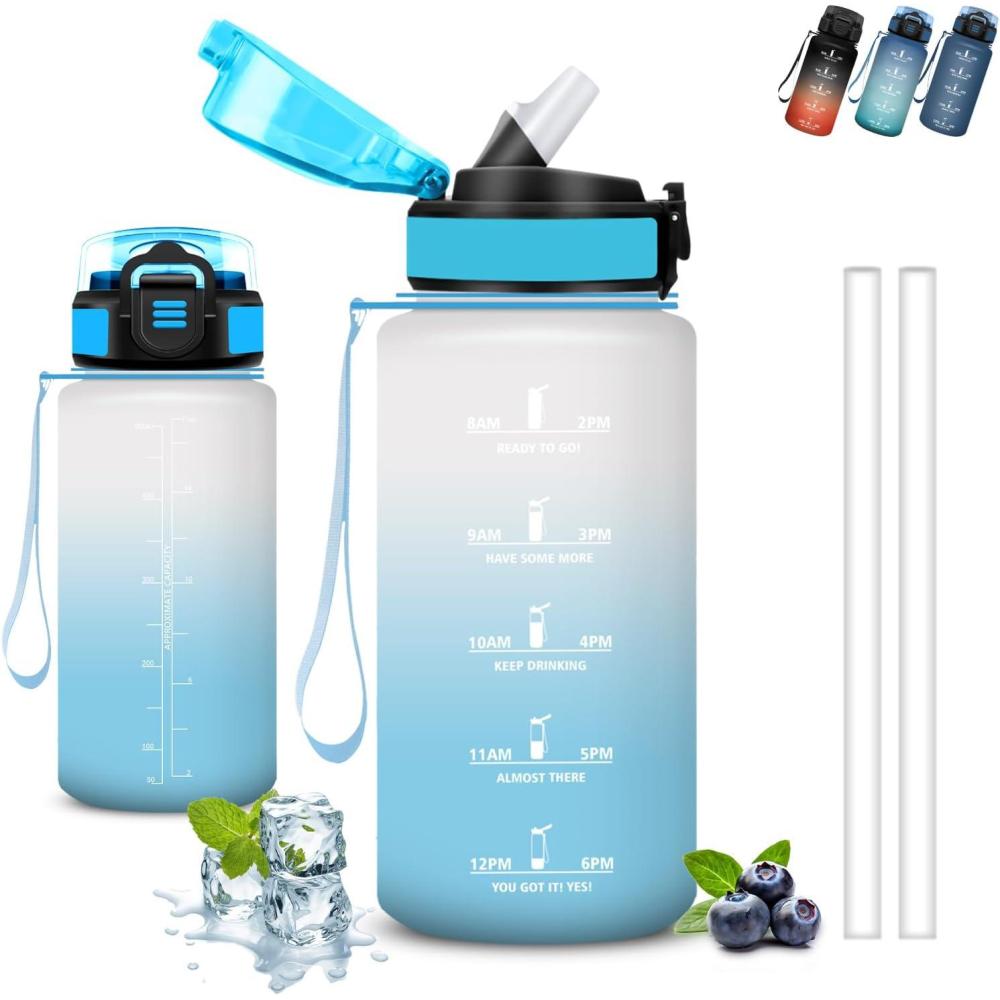 image:imageGourde 1l Gourde Sport Anti Fuite Gourdes Gradue pour 1 Journee Facile Transporter Gourd Gradue Gourdes de Camping et Randonne avec Slogan de Motivation Bouteille deau pour Yoga VoyageBlancbleu