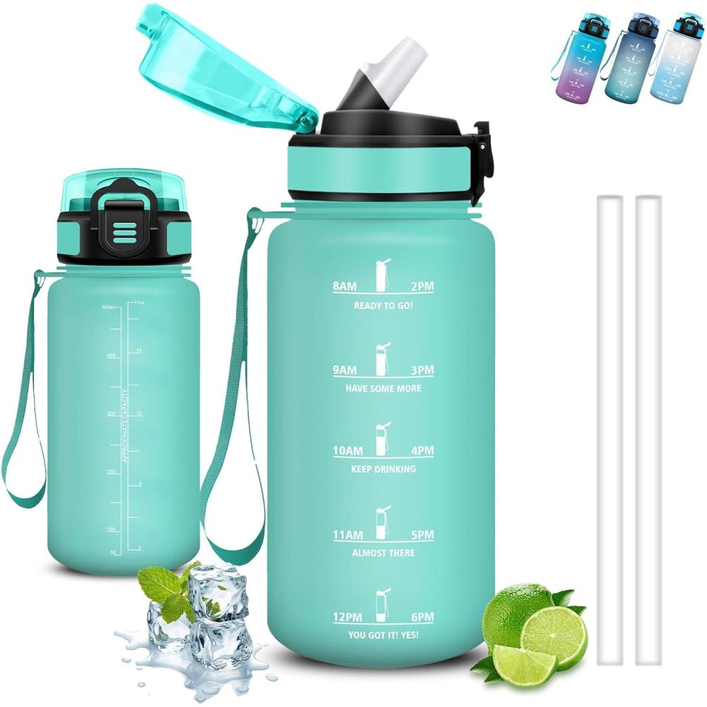 image:imageGourde 1l Gourde Sport Anti Fuite Gourdes Gradue pour 1 Journee Facile Transporter Gourd Gradue Gourdes de Camping et Randonne avec Slogan de Motivation Bouteille deau pour Yoga VoyageVert