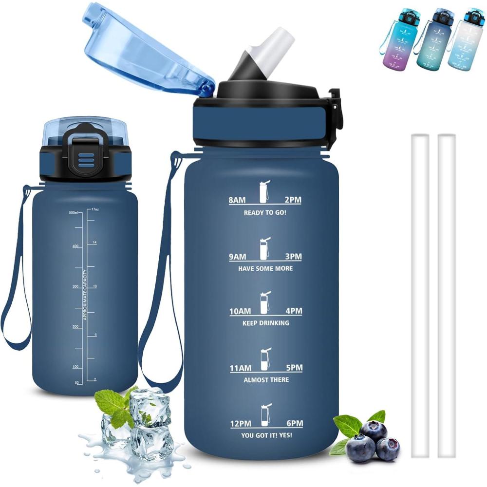 image:imageGourde 1l Gourde Sport Anti Fuite Gourdes Gradue pour 1 Journee Facile  Transporter Gourd Gradue Gourdes de Camping et Randonne avec Slogan de Motivation Bouteille deau pour Yoga VoyageBleu Fonc