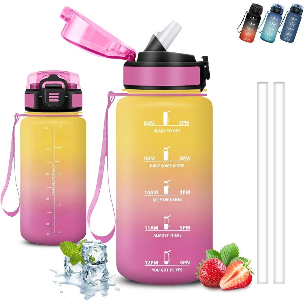 image:imageGourde 1l Gourde Sport Anti Fuite Gourdes Gradue pour 1 Journee Facile Transporter Gourd Gradue Gourdes de Camping et Randonne avec Slogan de Motivation Bouteille deau pour Yoga VoyageJaunerose