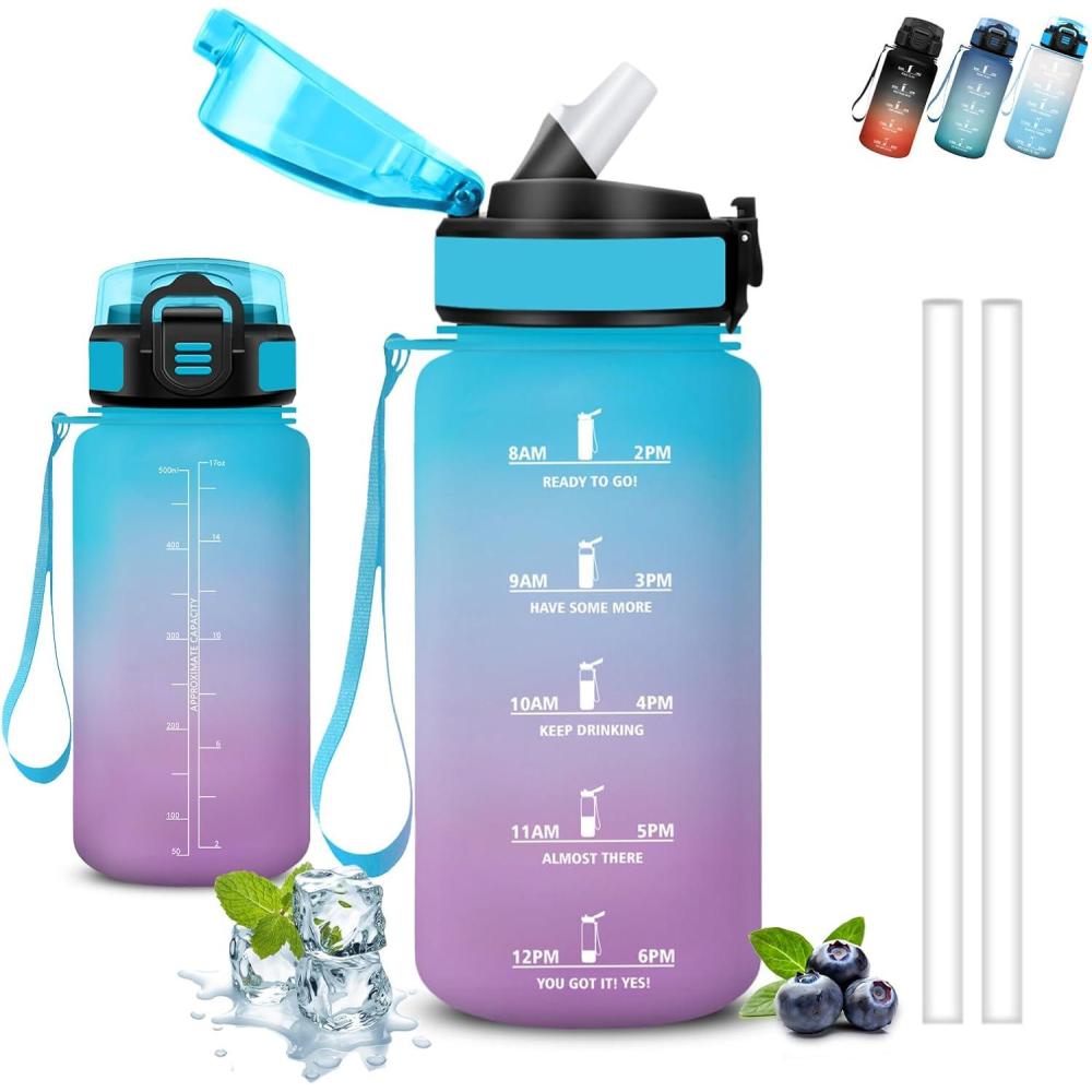 image:imageGourde 1l Gourde Sport Anti Fuite Gourdes Gradue pour 1 Journee Facile Transporter Gourd Gradue Gourdes de Camping et Randonne avec Slogan de Motivation Bouteille deau pour Yoga VoyageBleuviolet