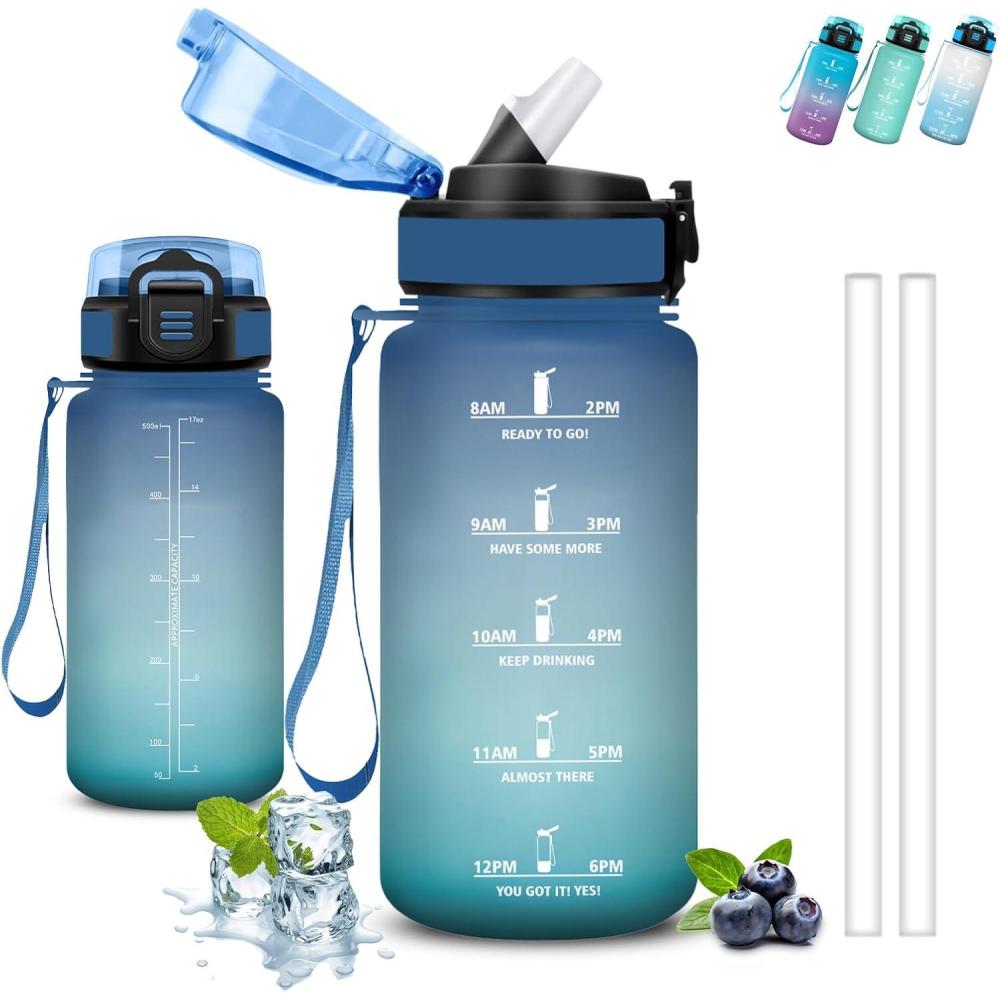 image:imageGourde 1l Gourde Sport Anti Fuite Gourdes Gradue pour 1 Journee Facile Transporter Gourd Gradue Gourdes de Camping et Randonne avec Slogan de Motivation Bouteille deau pour Yoga VoyageBleuvert