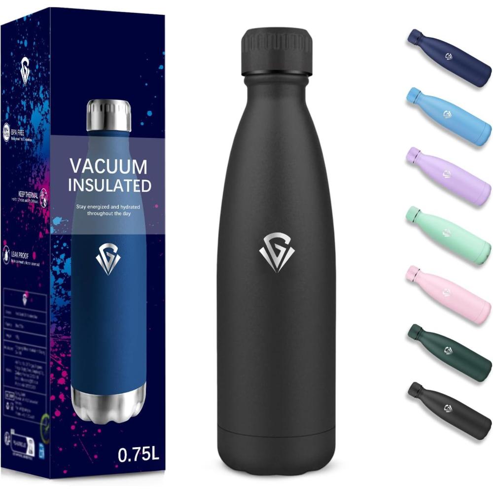 image:imageGourde 750 ml Sans BPA Gourde Isotherme Isolation Sous Vide Double Paroi Bouteille Isotherme 304 Acier Inoxydable Gourde Acier Inoxydable pour Cuisine Salle de Sport Randonne NoirNoir750ml