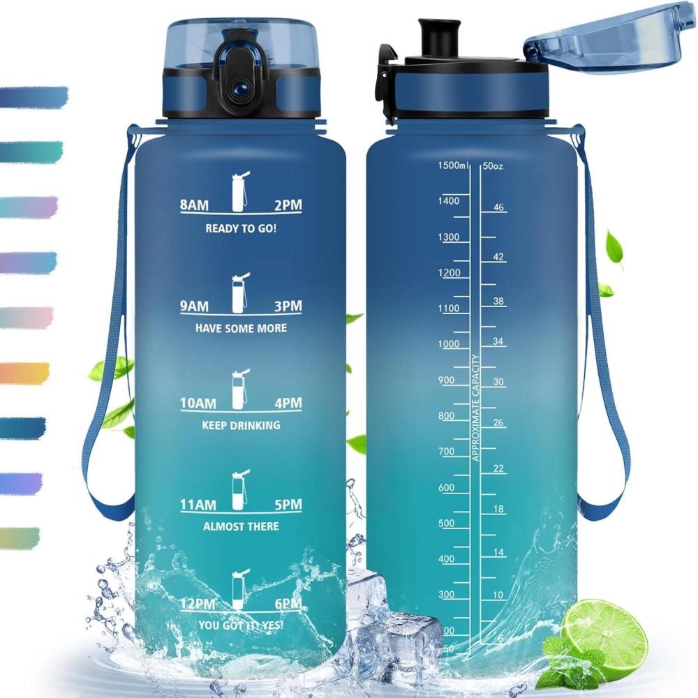 image:imageHoneyHolly Gourde 50010001500ml Gourde Sport Gourde Filtre et Marqueur de Temps Gourde deau Sans BPA Bouteille deau pour Sport Fitness Yoga Lcole BureauBleu Vert15l