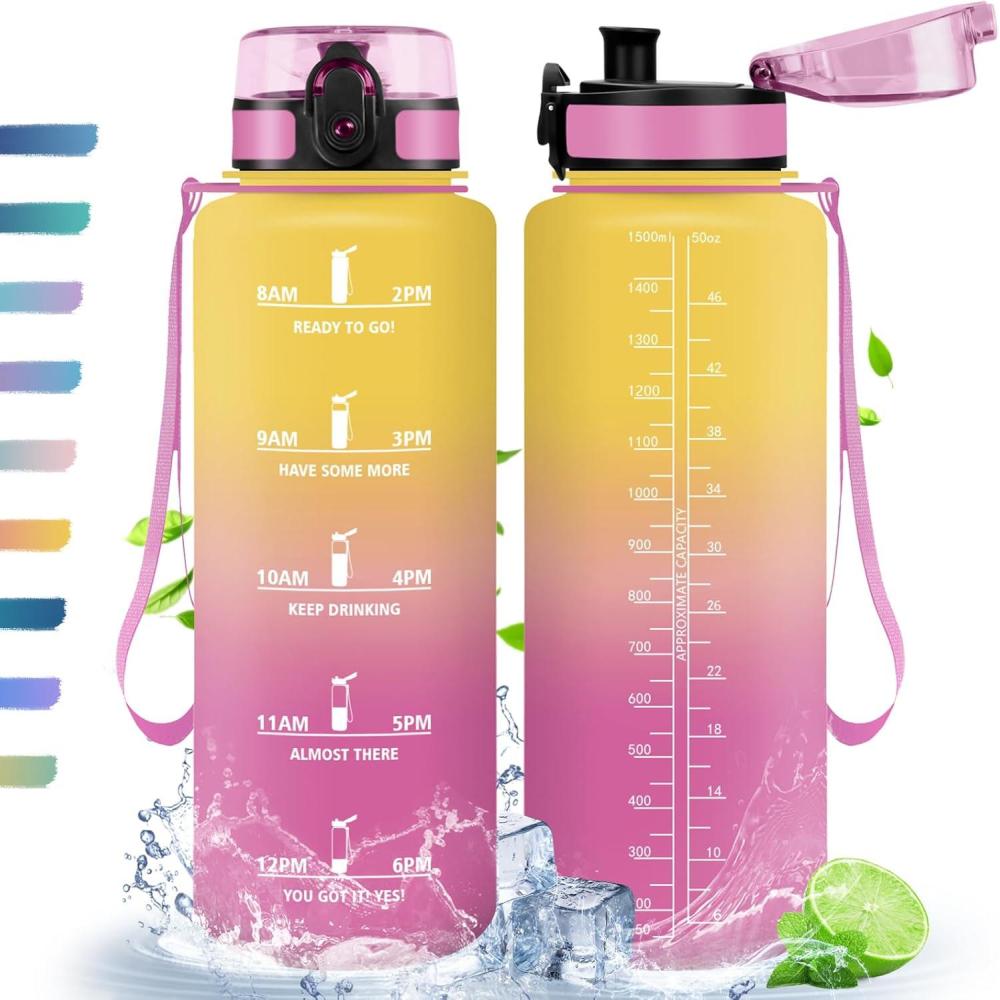 image:imageHoneyHolly Gourde 50010001500ml Gourde Sport Gourde Filtre et Marqueur de Temps Gourde deau Sans BPA Bouteille deau pour Sport Fitness Yoga Lcole BureauJaune Rose15l