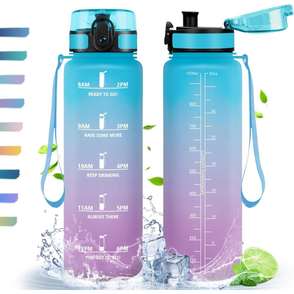 image:imageHoneyHolly Gourde 50010001500ml Gourde Sport Gourde Filtre et Marqueur de Temps Gourde deau Sans BPA Bouteille deau pour Sport Fitness Yoga Lcole BureauBleu Violet1l