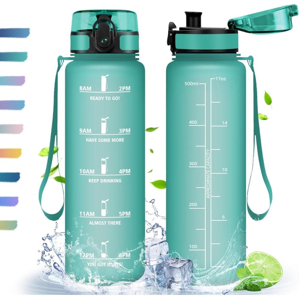 image:imageHoneyHolly Gourde 50010001500ml Gourde Sport Gourde Filtre et Marqueur de Temps Gourde deau Sans BPA Bouteille deau pour Sport Fitness Yoga Lcole BureauBleu Vert05l