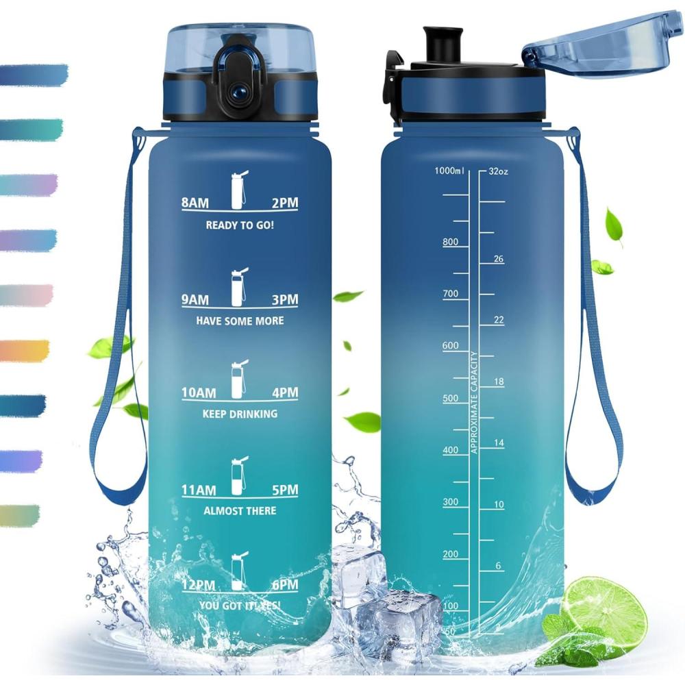 image:imageHoneyHolly Gourde 50010001500ml Gourde Sport Gourde Filtre et Marqueur de Temps Gourde deau Sans BPA Bouteille deau pour Sport Fitness Yoga Lcole BureauBleu Vert1l