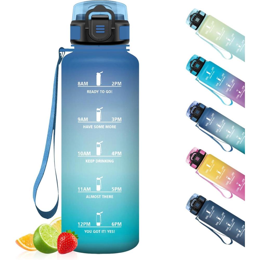 image:imageHoneyHolly Gourde Motivant et tanche Gourde 15L Rutilisable Bouteille Deau Marqueur Horaire Water Bottle pour La Salle de Sport Le Travail Le Camping La RandonneBleu Vert  1500ml