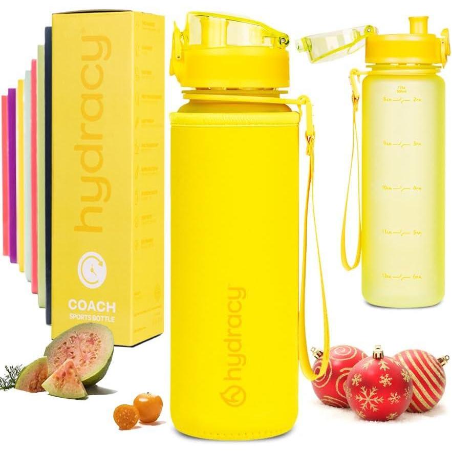 image:imageHydracy Gourde dEau 1L sans BPA Bouteille avec Marqueur de Temps Infuseur et Verrouillage Scuris Housse en Noprne tanche AntiFuite Rutilisable Lgre Idal pour Sport cole TravailSunny Yellow