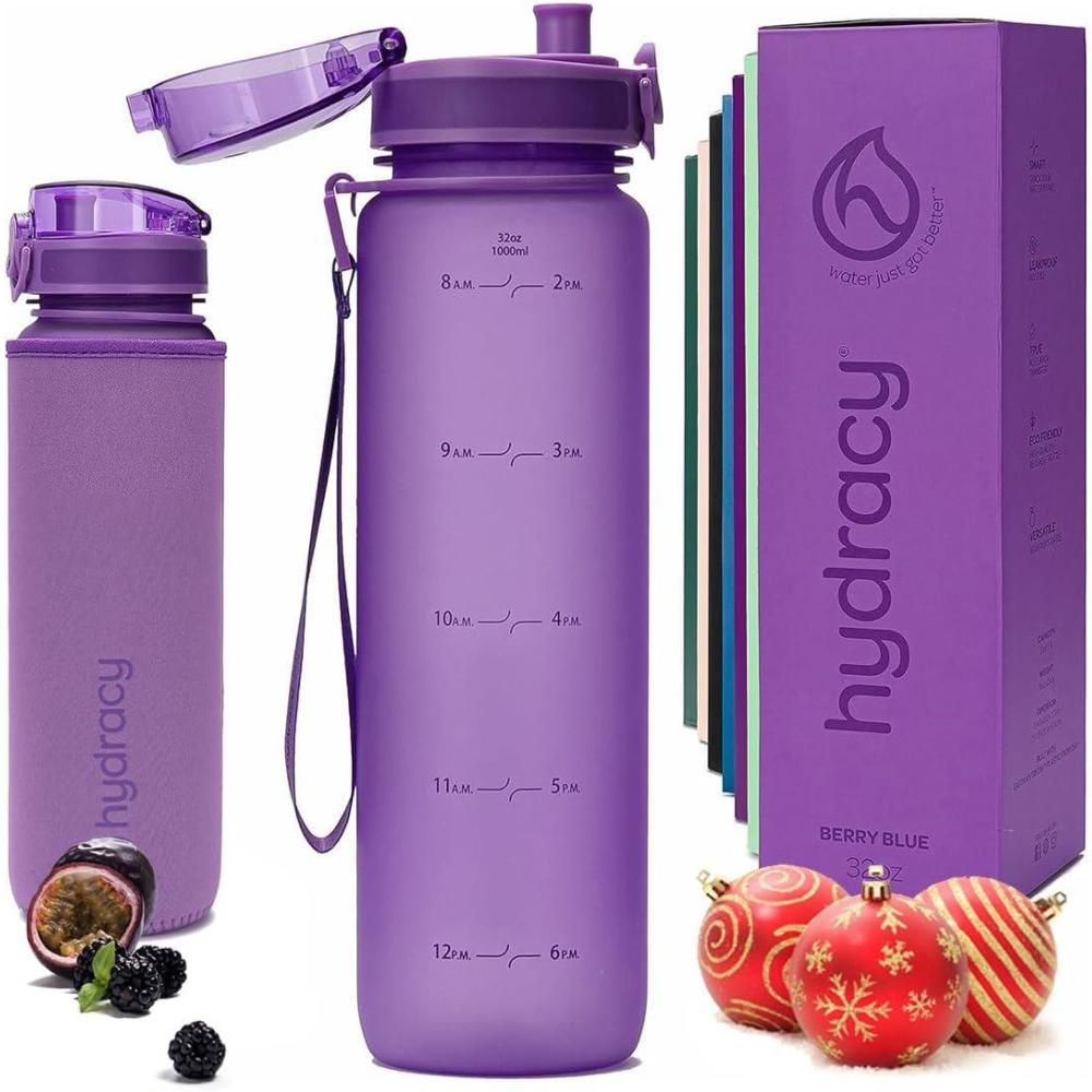 image:imageHydracy Gourde dEau 1L sans BPA Bouteille avec Marqueur de Temps Infuseur et Verrouillage Scuris Housse en Noprne tanche AntiFuite Rutilisable Lgre Idal pour Sport cole TravailBerry Blue