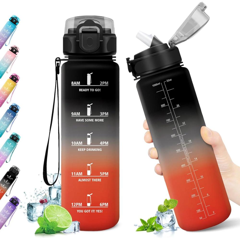 image:imageKollyKolla Gourde 500ml Bouteille deau Enfant Gourde Paille tanche ampamp Rutilisable Sport avec Marqueur de Temps Motivation pour Enfant Cyclisme Bureau Camping lcole32oz1000ml Paille Noir Rouge