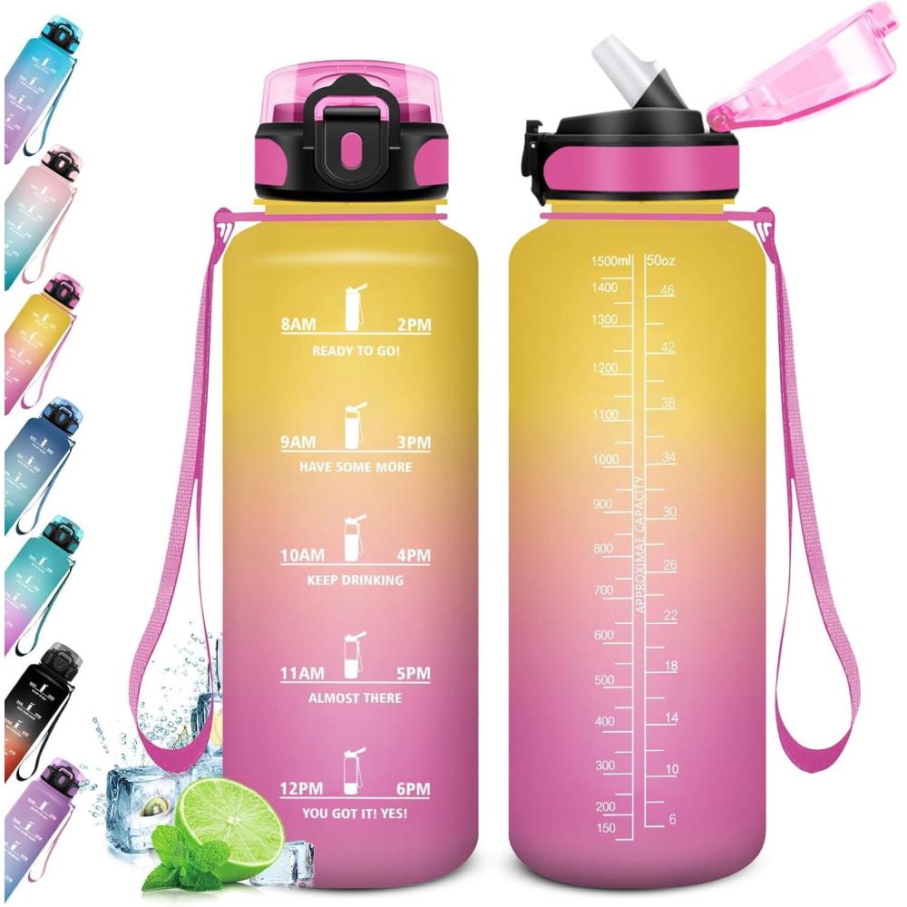 image:imageKollyKolla Gourde 500ml Bouteille deau Enfant Gourde Paille tanche ampamp Rutilisable Sport avec Marqueur de Temps Motivation pour Enfant Cyclisme Bureau Camping lcole50oz1500ml  Paille  Jaune  Rose