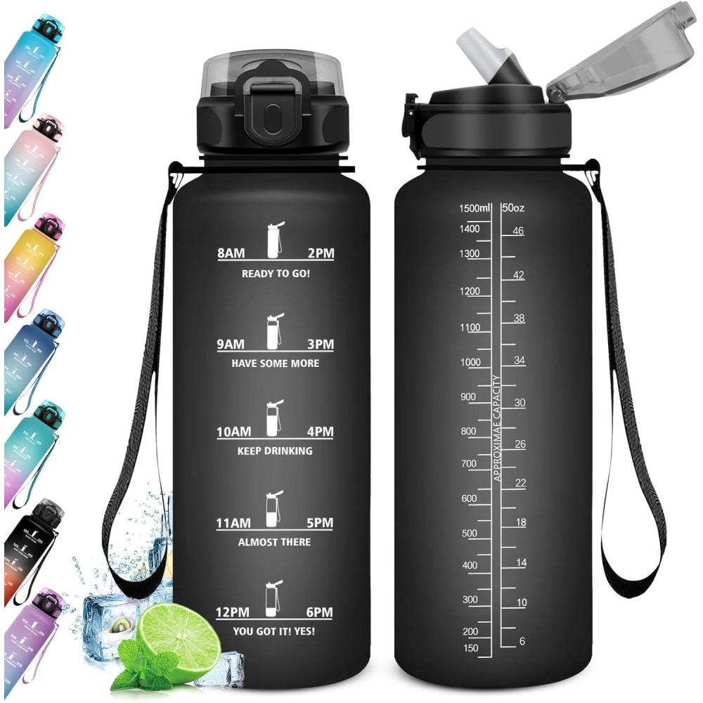 image:imageKollyKolla Gourde 500ml Bouteille deau Enfant Gourde Paille tanche ampamp Rutilisable Sport avec Marqueur de Temps Motivation pour Enfant Cyclisme Bureau Camping lcole50oz1500ml  Paille  Mat Noir