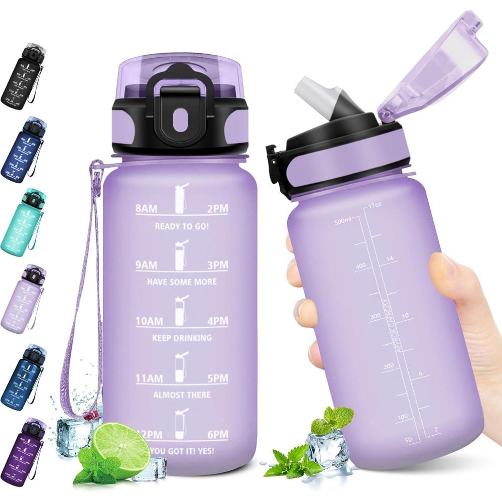 image:imageKollyKolla Gourde 500ml Bouteille deau Enfant Gourde Paille tanche ampamp Rutilisable Sport avec Marqueur de Temps Motivation pour Enfant Cyclisme Bureau Camping lcole17oz500ml  Paille  Mat Violet Clair