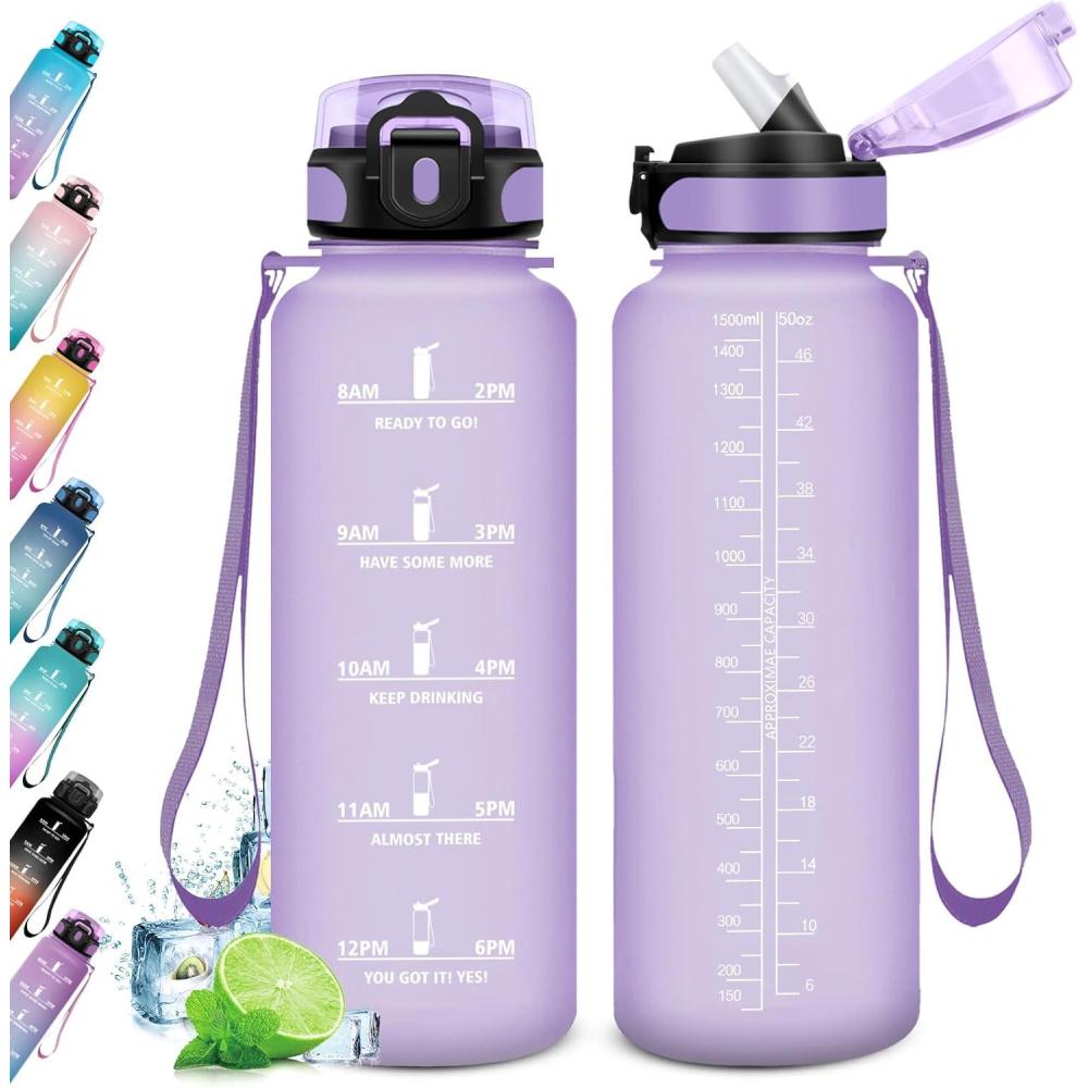 image:imageKollyKolla Gourde 500ml Bouteille deau Enfant Gourde Paille tanche ampamp Rutilisable Sport avec Marqueur de Temps Motivation pour Enfant Cyclisme Bureau Camping lcole50oz1500ml  Paille  Mat Violet Clair