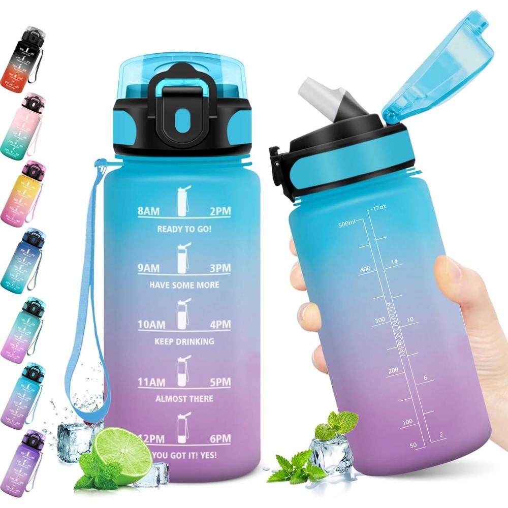 image:imageKollyKolla Gourde 500ml Bouteille deau Enfant Gourde Paille tanche ampamp Rutilisable Sport avec Marqueur de Temps Motivation pour Enfant Cyclisme Bureau Camping lcole17oz500ml Paille Bleu Lilas