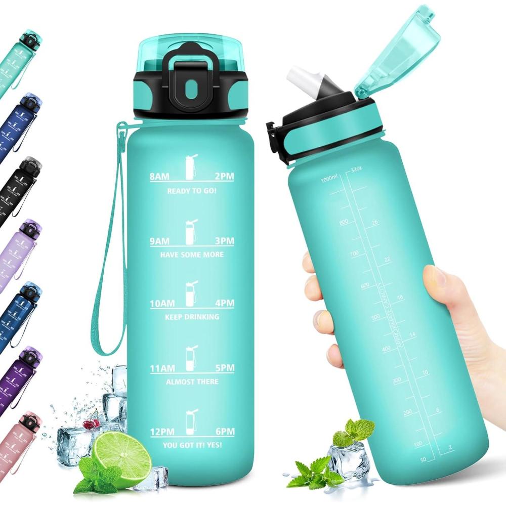 image:imageKollyKolla Gourde 500ml Bouteille deau Enfant Gourde Paille tanche ampamp Rutilisable Sport avec Marqueur de Temps Motivation pour Enfant Cyclisme Bureau Camping lcole32oz1000ml Paille Mat Bleuvert