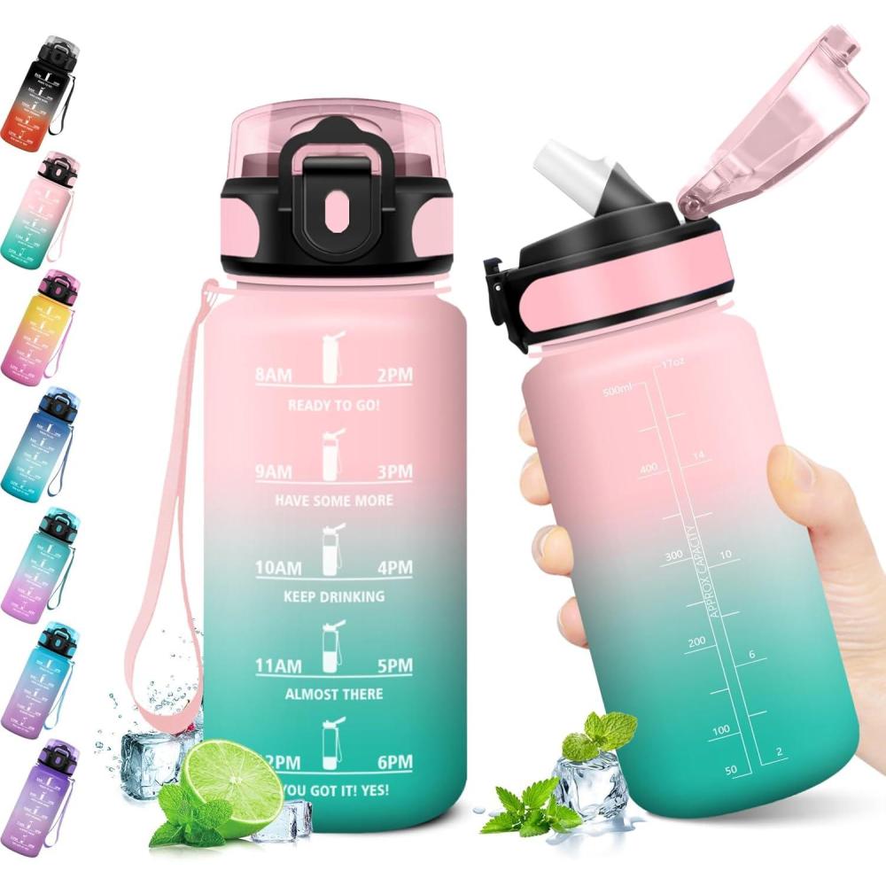 image:imageKollyKolla Gourde 500ml Bouteille deau Enfant Gourde Paille tanche ampamp Rutilisable Sport avec Marqueur de Temps Motivation pour Enfant Cyclisme Bureau Camping lcole17oz500ml  Paille  Rose  Cyan