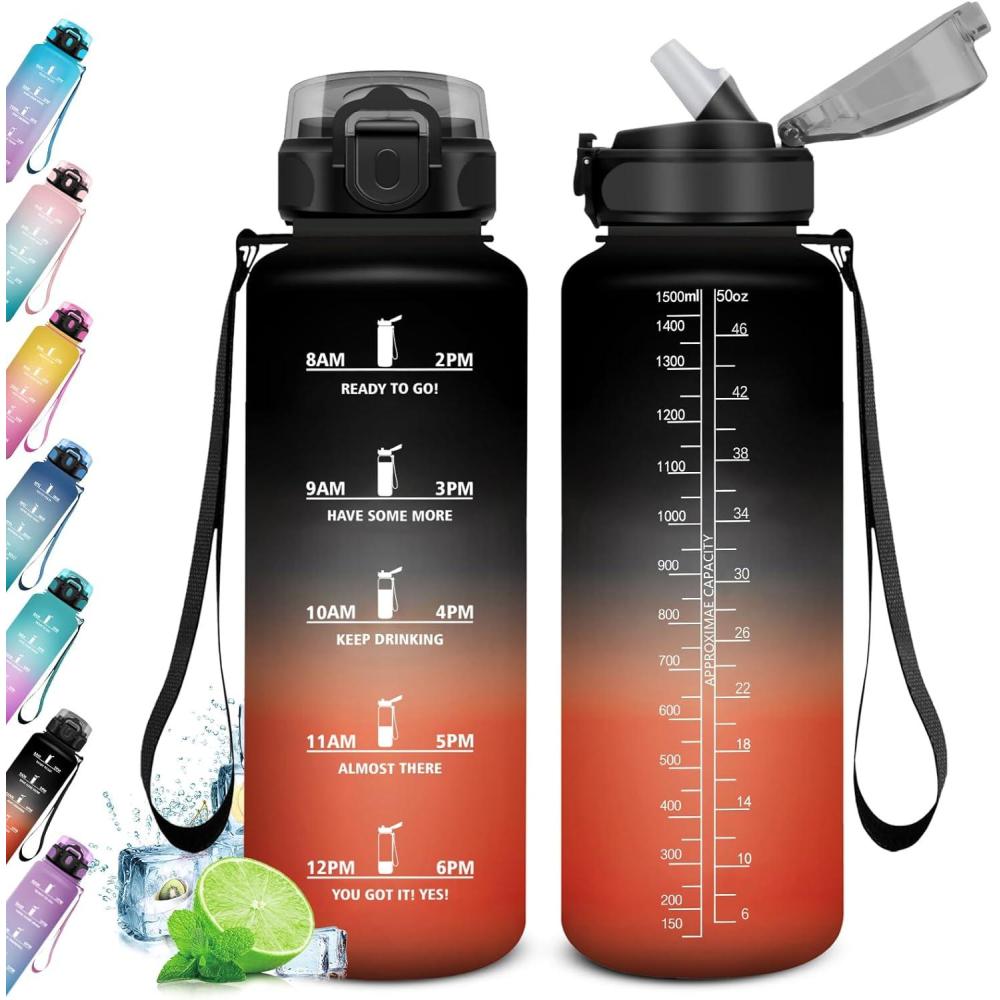 image:imageKollyKolla Gourde 500ml Bouteille deau Enfant Gourde Paille tanche ampamp Rutilisable Sport avec Marqueur de Temps Motivation pour Enfant Cyclisme Bureau Camping lcole50oz1500ml  Paille  Noir  Rouge