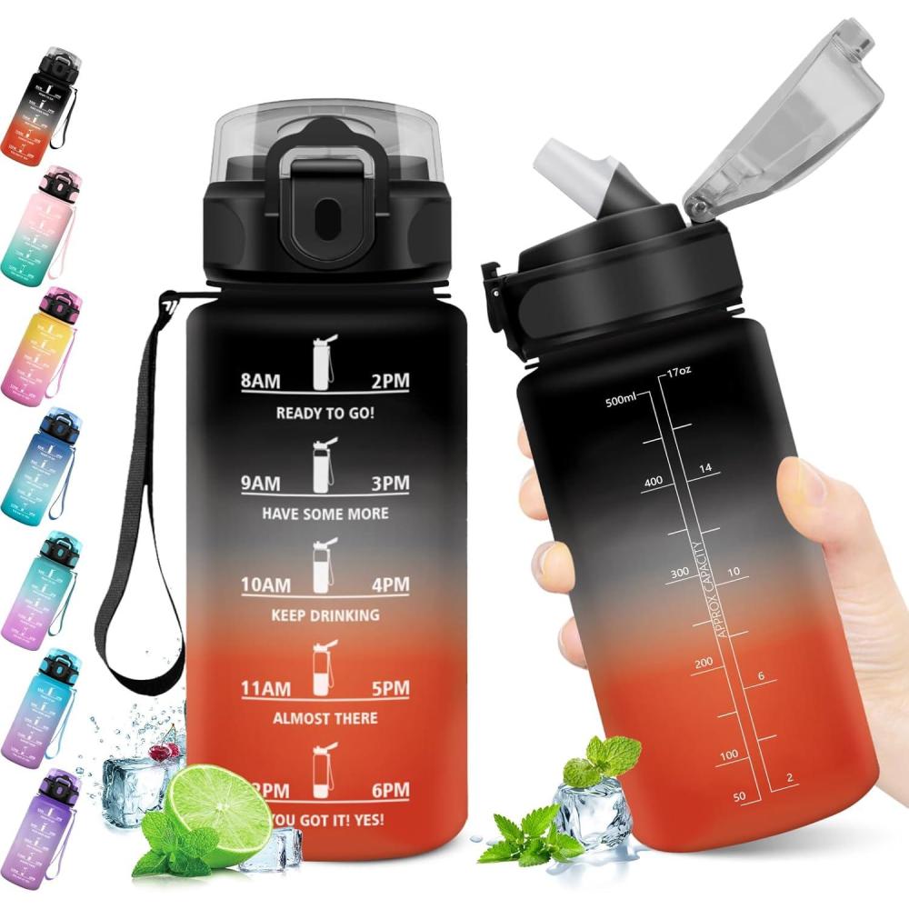 image:imageKollyKolla Gourde 500ml Bouteille deau Enfant Gourde Paille tanche ampamp Rutilisable Sport avec Marqueur de Temps Motivation pour Enfant Cyclisme Bureau Camping lcole17oz500ml  Paille  Noir  Rouge