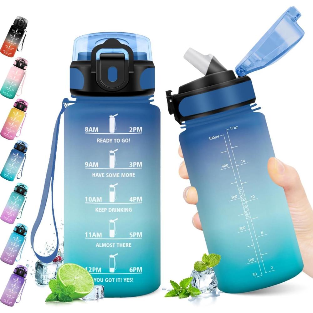 image:imageKollyKolla Gourde 500ml Bouteille deau Enfant Gourde Paille tanche ampamp Rutilisable Sport avec Marqueur de Temps Motivation pour Enfant Cyclisme Bureau Camping lcole17oz500ml  Paille  Bleu  Vert