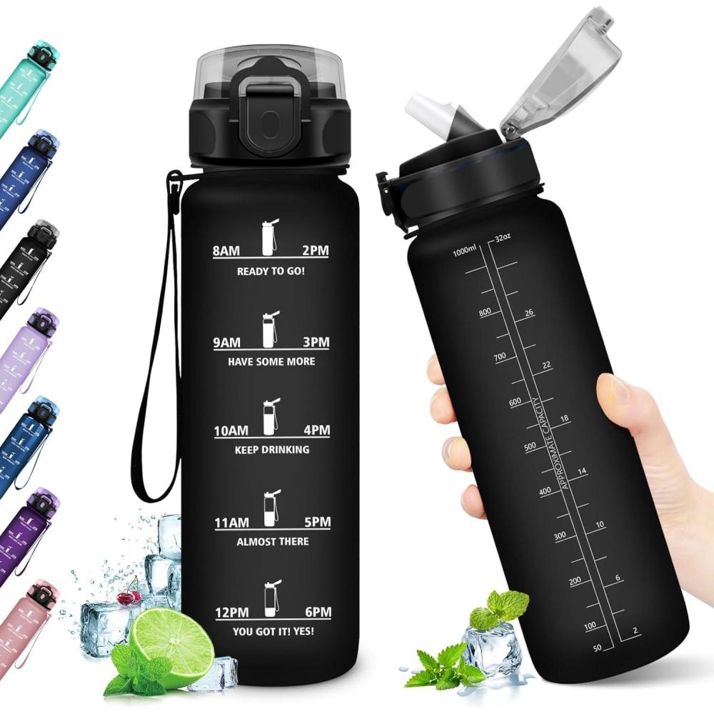 image:imageKollyKolla Gourde 500ml Bouteille deau Enfant Gourde Paille tanche ampamp Rutilisable Sport avec Marqueur de Temps Motivation pour Enfant Cyclisme Bureau Camping lcole32oz1000ml Paille Mat Noir