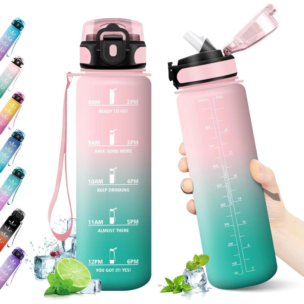 image:imageKollyKolla Gourde 500ml Bouteille deau Enfant Gourde Paille tanche ampamp Rutilisable Sport avec Marqueur de Temps Motivation pour Enfant Cyclisme Bureau Camping lcole32oz1000ml Paille Rose Cyan