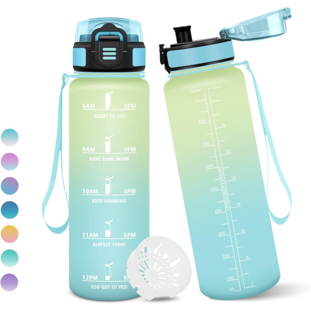 image:imageMotswedi Gourde 1l AntiFuite Gourde Sport avec Marqueur de Temps Bouteille deau Rutilisable Bouteille Sans BPA pour Sport Yoga Fitness Randonne Jaune RoseCiel Givr1000ml
