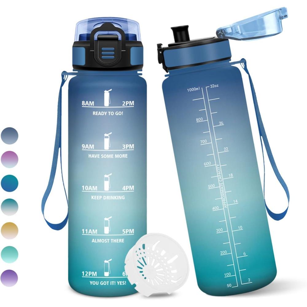 image:imageMotswedi Gourde 1l AntiFuite Gourde Sport avec Marqueur de Temps Bouteille deau Rutilisable Bouteille Sans BPA pour Sport Yoga Fitness Randonne Jaune RoseBleuvert1000ml