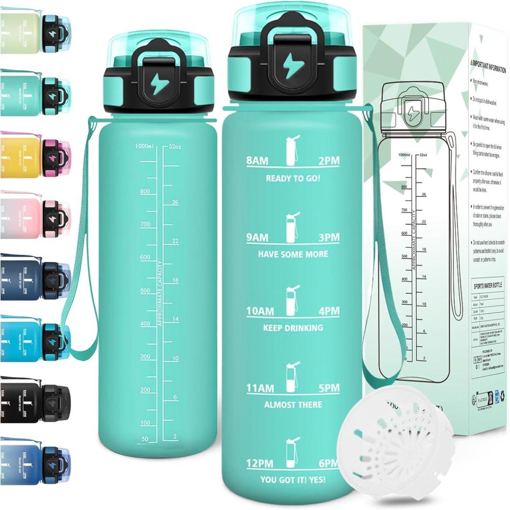 image:imageMotswedi Gourde 1l AntiFuite Gourde Sport avec Marqueur de Temps Bouteille deau Rutilisable Bouteille Sans BPA pour Sport Yoga Fitness Randonne Jaune RoseBleu Vert 325c