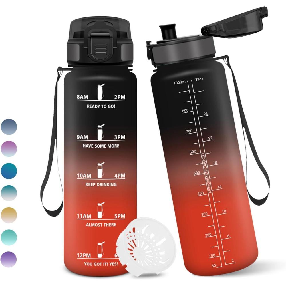 image:imageMotswedi Gourde 1l AntiFuite Gourde Sport avec Marqueur de Temps Bouteille deau Rutilisable Bouteille Sans BPA pour Sport Yoga Fitness Randonne Jaune RoseNoirrouge1000ml