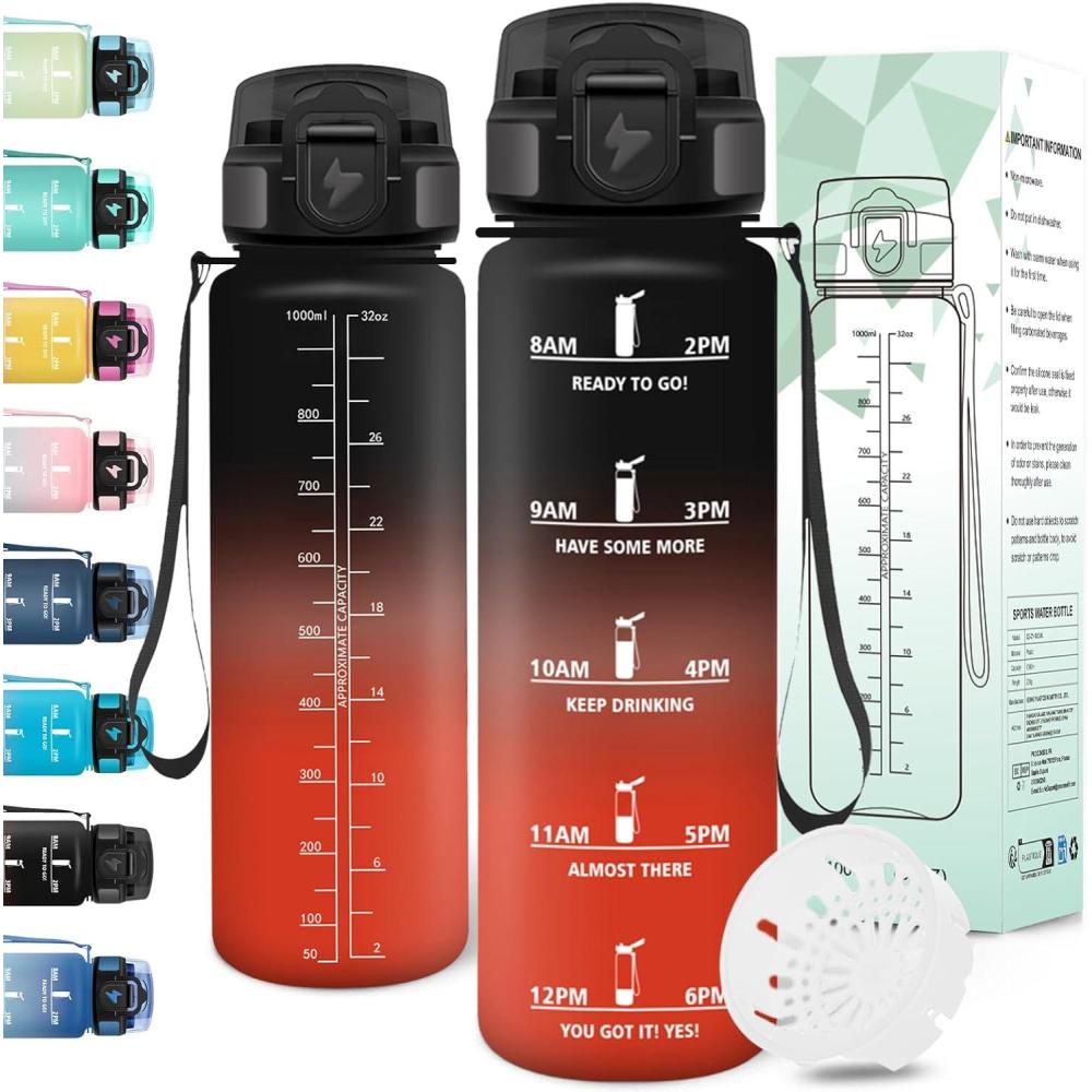image:imageMotswedi Gourde 1l AntiFuite Gourde Sport avec Marqueur de Temps Bouteille deau Rutilisable Bouteille Sans BPA pour Sport Yoga Fitness Randonne Jaune RoseNoir Rouge