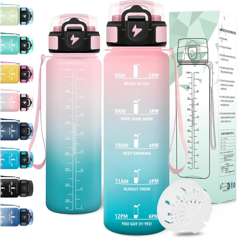 image:imageMotswedi Gourde 1l AntiFuite Gourde Sport avec Marqueur de Temps Bouteille deau Rutilisable Bouteille Sans BPA pour Sport Yoga Fitness Randonne Jaune RoseRosevert