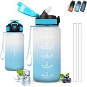 Gourde 1l, Gourde Sport, Anti Fuite, Gourdes Graduée pour 1 Journee, Facile à Transporter, Gourd Graduée, Gourdes de Camping et Randonnée avec Slogan de Motivation, Bouteille d&rsquo;eau pour Yoga, Voyage(Blanc-bleu)