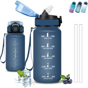 Gourde 1l, Gourde Sport, Anti Fuite, Gourdes Graduée pour 1 Journee, Facile à Transporter, Gourd Graduée, Gourdes de Camping et Randonnée avec Slogan de Motivation, Bouteille d&rsquo;eau pour Yoga, Voyage(Bleu Foncé)