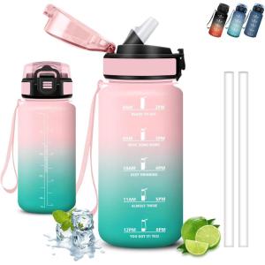 Gourde 1l, Gourde Sport, Anti Fuite, Gourdes Graduée pour 1 Journee, Facile à Transporter, Gourd Graduée, Gourdes de Camping et Randonnée avec Slogan de Motivation, Bouteille d&rsquo;eau pour Yoga, Voyage(Rose-vert)