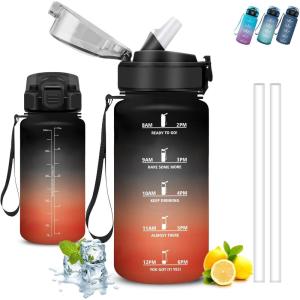 Gourde 1l, Gourde Sport, Anti Fuite, Gourdes Graduée pour 1 Journee, Facile à Transporter, Gourd Graduée, Gourdes de Camping et Randonnée avec Slogan de Motivation, Bouteille d&rsquo;eau pour Yoga, Voyage(Noir-rouge)