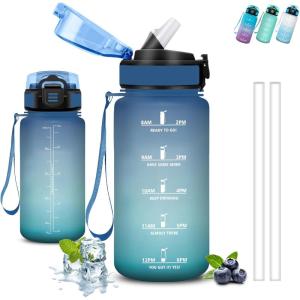 Gourde 1l, Gourde Sport, Anti Fuite, Gourdes Graduée pour 1 Journee, Facile à Transporter, Gourd Graduée, Gourdes de Camping et Randonnée avec Slogan de Motivation, Bouteille d&rsquo;eau pour Yoga, Voyage(Bleu-vert)