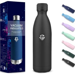 Gourde, 750 ml Sans BPA, Gourde Isotherme, Isolation Sous Vide à Double Paroi, Bouteille Isotherme, 304 Acier Inoxydable, Gourde Acier Inoxydable pour Cuisine, Salle de Sport, Randonnée – Noir(Noir-1000ml)