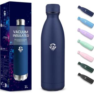 Gourde, 750 ml Sans BPA, Gourde Isotherme, Isolation Sous Vide à Double Paroi, Bouteille Isotherme, 304 Acier Inoxydable, Gourde Acier Inoxydable pour Cuisine, Salle de Sport, Randonnée – Noir(Bleu Foncé-1000ml)