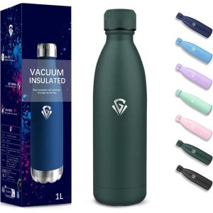 Gourde, 750 ml Sans BPA, Gourde Isotherme, Isolation Sous Vide à Double Paroi, Bouteille Isotherme, 304 Acier Inoxydable, Gourde Acier Inoxydable pour Cuisine, Salle de Sport, Randonnée – Noir(Vert Kaki-1000ml)