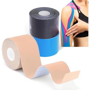 Grunda- 3 Rouleaux Bande de kinésiologie, strap sport 5 m x 5 cm, Tape Kinesiologie, strapping Résistante tape kinesiologie Résiste à l&rsquo;eau et dure jusqu&rsquo;à 7 jours (noir x bleu x rose)(Noir X Bleu X Beige)