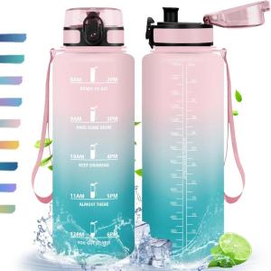 HoneyHolly Gourde, 500/1000/1500ml Gourde Sport, Gourde Filtre et Marqueur de Temps, Gourde d&rsquo;eau, Sans BPA, Bouteille d&rsquo;eau pour Sport, Fitness, Yoga, L&rsquo;école, Bureau(Rose & Tamarin-1.5l)