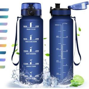 HoneyHolly Gourde, 500/1000/1500ml Gourde Sport, Gourde Filtre et Marqueur de Temps, Gourde d&rsquo;eau, Sans BPA, Bouteille d&rsquo;eau pour Sport, Fitness, Yoga, L&rsquo;école, Bureau(Bleu Marine-0.5l)