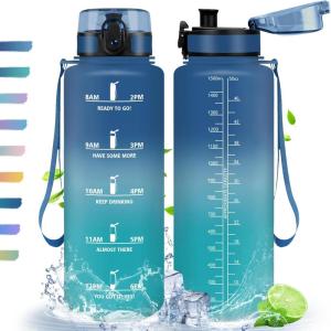HoneyHolly Gourde, 500/1000/1500ml Gourde Sport, Gourde Filtre et Marqueur de Temps, Gourde d&rsquo;eau, Sans BPA, Bouteille d&rsquo;eau pour Sport, Fitness, Yoga, L&rsquo;école, Bureau(Bleu & Vert-1.5l)